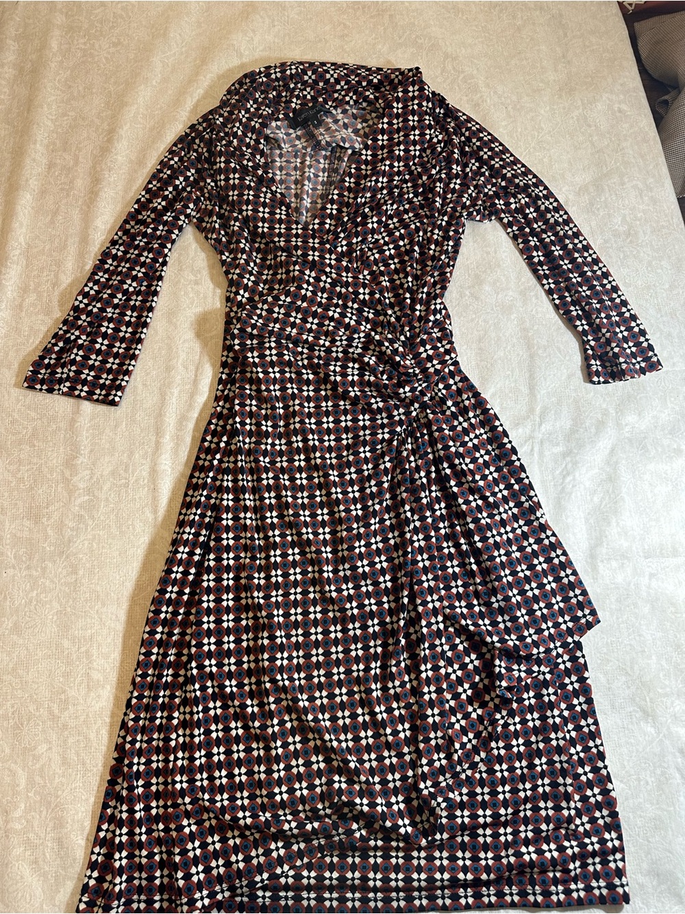 Karen Kane Geometric Wrap Dress in Black, Brown, and Cream